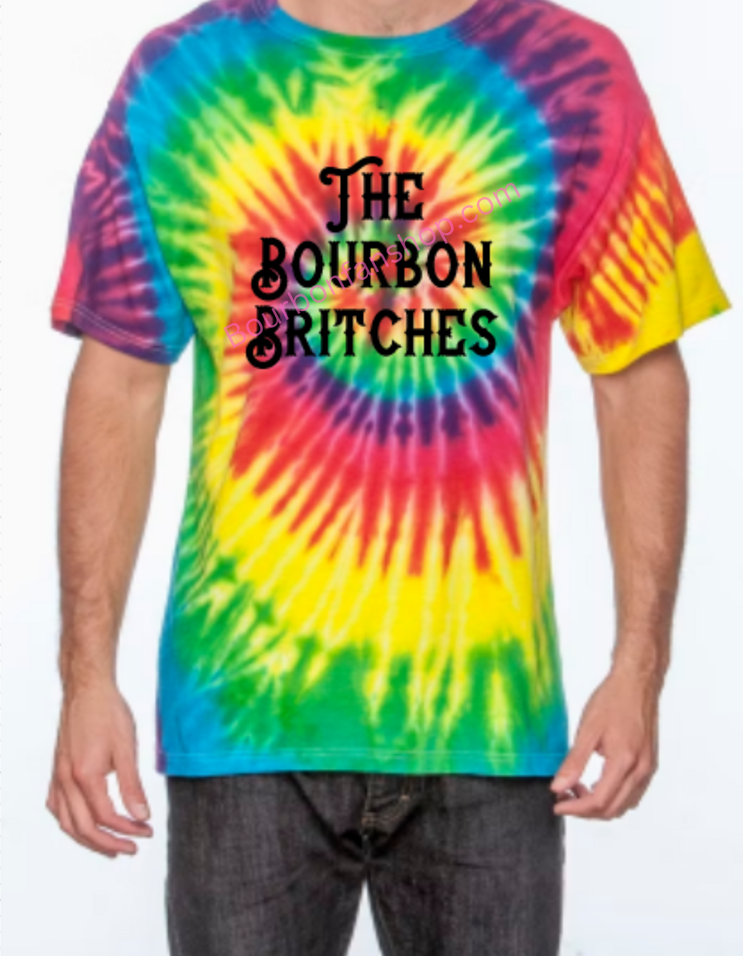 Reactive rainbow tie dye w/ black graphic